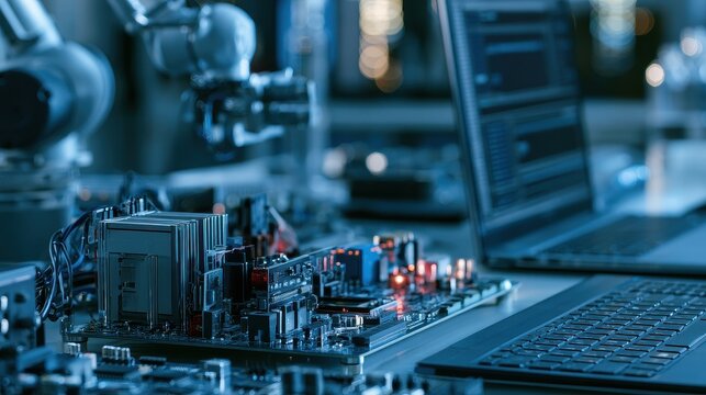 Embedded System firmware control automation intelligent devices industrial evolution selective focus robotics laboratory futuristic Composite embedded development bench. 