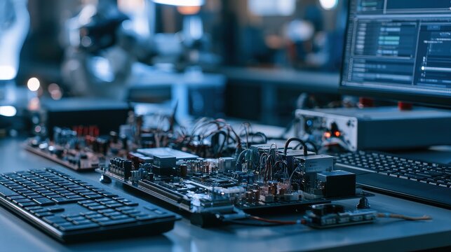 Embedded System firmware control automation intelligent devices industrial evolution selective focus robotics laboratory futuristic Composite embedded development bench. 