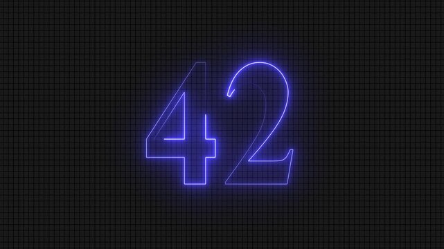 Glowing neon number 42 on dark grid background