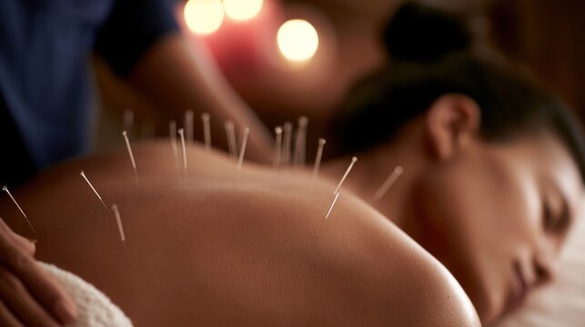 Close up of woman receiving acupuncture treatment on her back soft lights in background