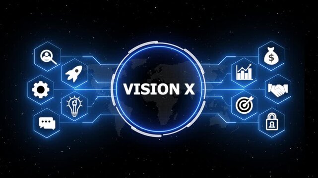 Futuristic Vision X HUD Motion Graphic with Blue Glowing Lines and Floating Particles Over World Map 4K animation video