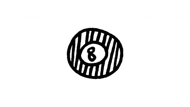 4K hand drawn billiard 8 ball pop-up icon featuring boiling line animation. Frame by frame line art on black and green screen backgrounds for pool table, cue sports, game room.