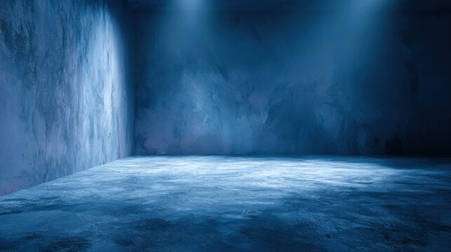 Minimalist blue studio corner with dramatic lighting and textured walls