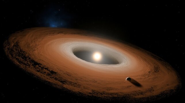 Warped protoplanetary disk around star with glowing rings, dark space background, planet formation concept
