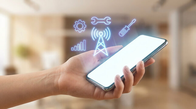 Hand holding smartphone with glowing neon icons representing mobile network technical support maintenance and signal optimization concept background