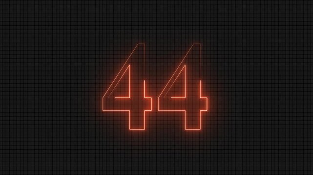 Neon glowing number forty four on dark grid background