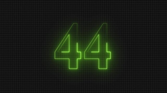 Neon glowing number forty four on dark grid background