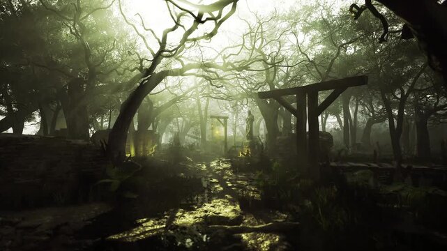 Sunlit grove with wooden gallows posts, mist threads through gnarled branches, damp undergrowth and hanging ropes create unsettling calm, suitable for eerie