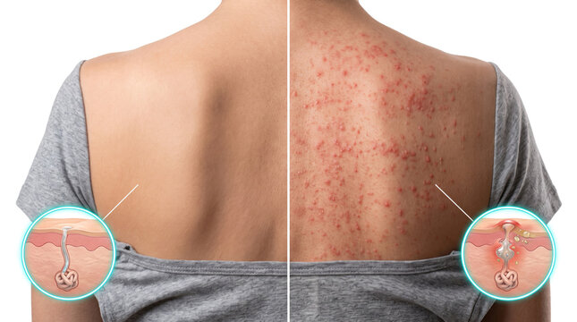 Back skin rash acne and inflammation comparison, close up showing irritated red spots and dermatology condition on human back concept
