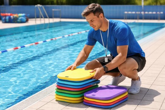 A swim instructor arranges colorful kickboards by the poolside, preparing for a swimming lesson on a sunny day.