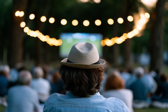Man in fedora hat watching outdoor cinema screen under string lights for summer leisure
