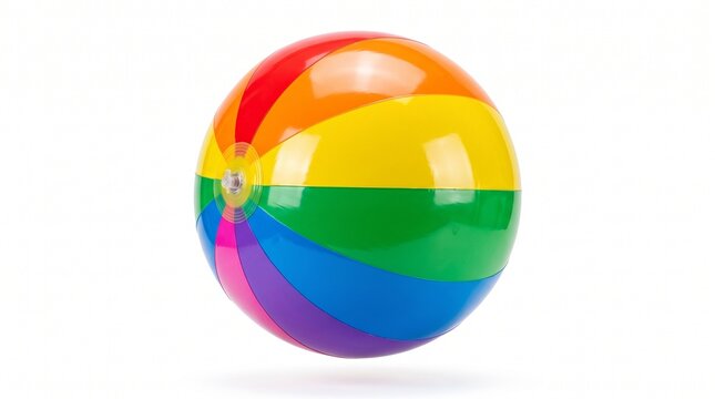 Colorful inflatable beach ball floating above white background with space for text with hovering against white rainbow inflatable recreation