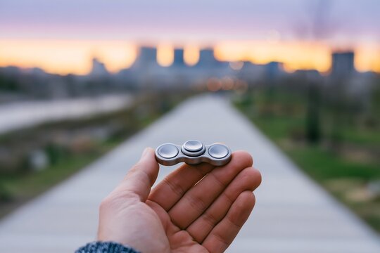 Metallic fidget spinner held by hand against sunset city skyline background showing focus and stress relief