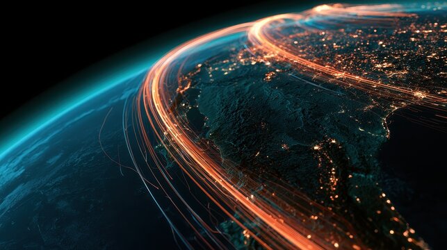 Global investment pathways visualized as glowing highways across Earth, futuristic realism, teal orange palette, 3D render, finance concept.