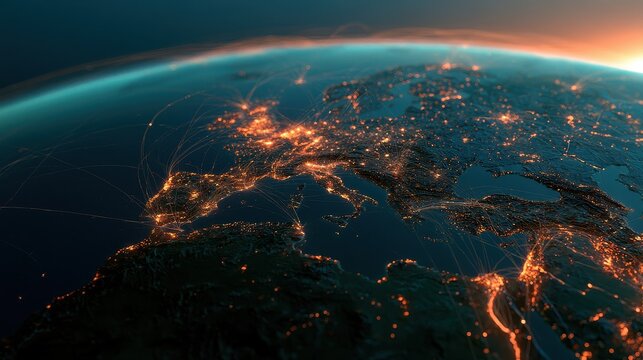 Global investment pathways visualized as glowing highways across Earth, futuristic realism, teal orange palette, 3D render, finance concept.