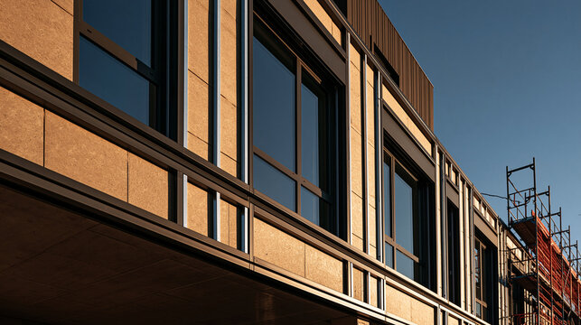Elegent photo of Modern office building exterior with sandstone facade and glass windows under clear sky. Perfect for architectural projects and commercial construction development concepts.