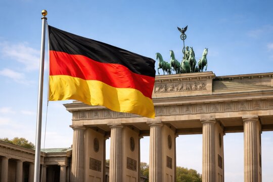 German flag waving in front of the historic Brandenburg Gate under a clear blue sky in Berlin, Germany.
