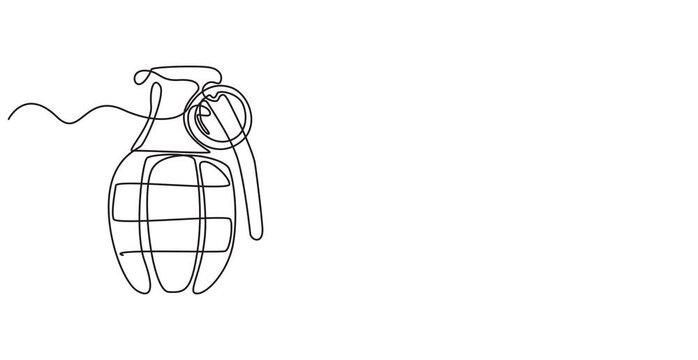 Animated self drawing of  Continuous single line drawing of grenades isolated on white background. The equipment for war. Army weapon concept. Shield with gun vector illustration minimalism design,