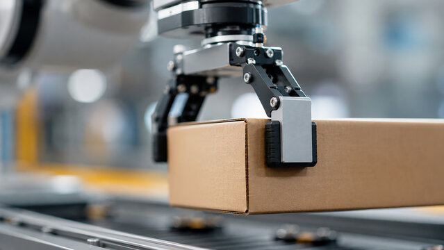 Robotic arm gripping cardboard box on industrial conveyor belt