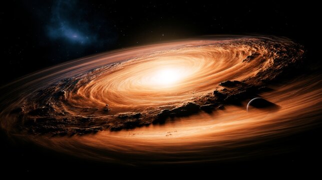 Warped protoplanetary disk around star with glowing rings, dark space background, planet formation concept
