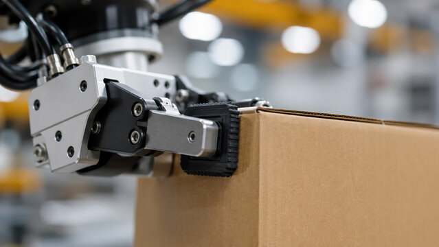 Robotic gripper holding a cardboard box in industrial factory