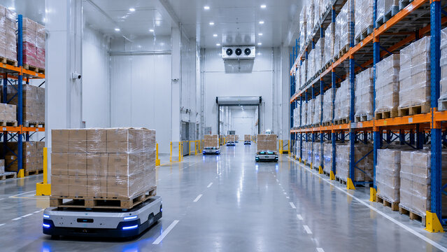 Automated mobile robots transporting palletized boxes in a warehouse