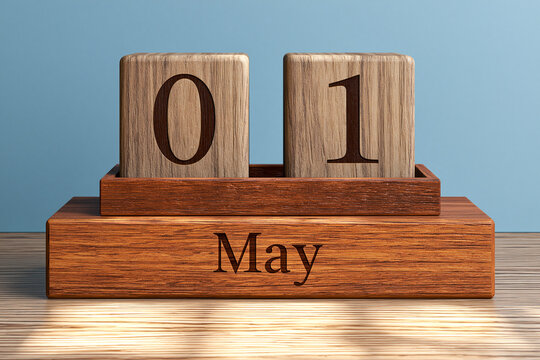 Elegent photo of A wooden desk calendar displays May 1st on light blue background. This date marker symbolizes spring holidays, appointments, or international workers day celebration concepts.