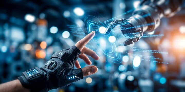 Robotic arm and smart cybernetic hand featuring glowing holographic interface, digital code overlay and futuristic sensors, representing artificial intelligence and human robot collaboration
