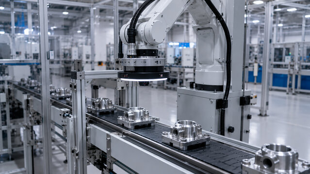 Industrial Robotic Arm with Vision Sensor Inspecting Parts on Conveyor