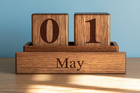 Elegent photo of Wooden calendar blocks showing the date May 1st on a wooden table. Perfect for marking special spring holidays, international labor day, or business scheduling concepts.