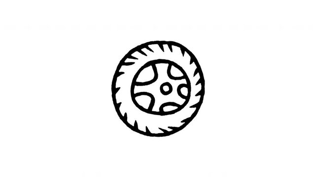 4K hand drawn race car tire pop-up icon featuring boiling line animation. Frame by frame line art on black and green screen backgrounds for automotive speed, formula racing wheel, rubber pitstop.