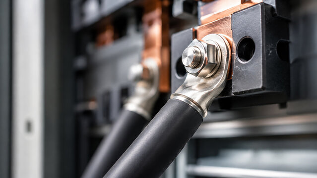 Close-up of electrical copper busbar and cable connections