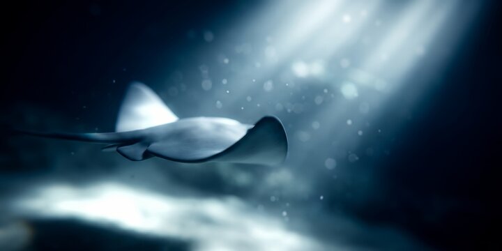 Majestic stingray underwater render showcasing sun rays, deep sea currents and glowing particles, representing marine life conservation and peaceful aquatic exploration