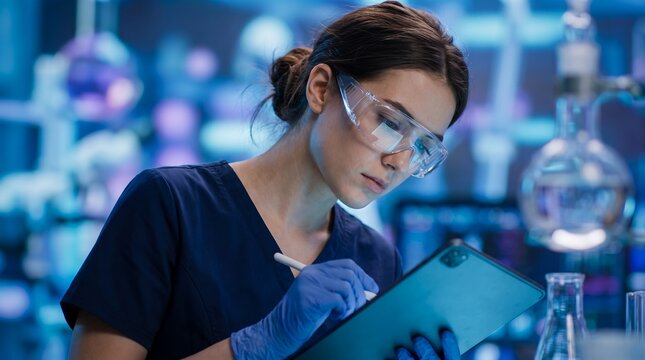 Female scientist working in laboratory showing protective safety glasses, digital tablet and glassware equipment, representing medical research and scientific discovery