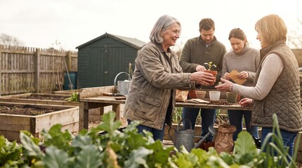 Obraz premium Neighbors exchange seedlings at a shared garden club