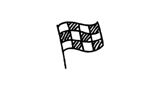 4K hand drawn racing finish flag pop-up icon featuring boiling line animation. Frame by frame line art on black and green screen backgrounds for checkered victory flag, motorsport end line.