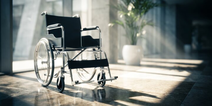 Manual wheelchair in a bright modern hospital hallway showcasing metallic frame, ergonomic seating and natural sunlight, representing handicap accessibility and patient recovery
