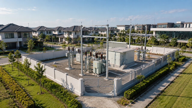 Aerial view of electrical substation in a residential neighborhood