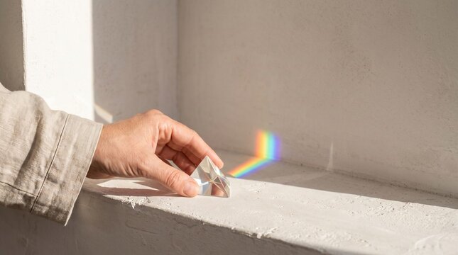 Hand shaping a rainbow prism shadow on plaster