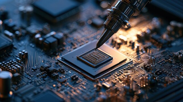 Microchip Installation semiconductor processor integration electronic precision engineering technology innovation close up industrial laboratory realistic Fusion circuit board workstation. 