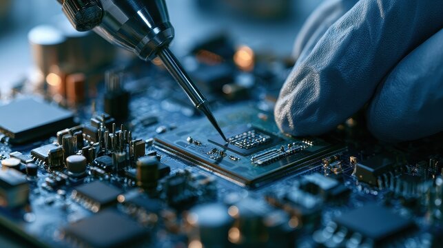 Microchip Installation semiconductor processor integration electronic precision engineering technology innovation close up industrial laboratory realistic Fusion circuit board workstation. 