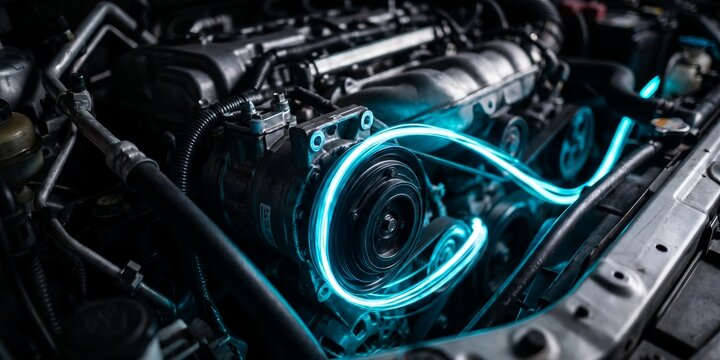 Modern car engine bay showcasing mechanical components, glowing energy lines and electric power flow, representing futuristic automotive technology and vehicle engineering performance