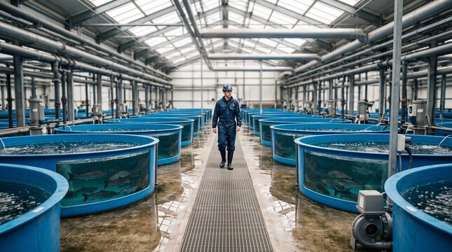 Technician crosses a recirculating aquaculture tank hall