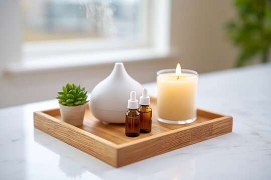 Aromatic oil diffuser with essential oil bottles on wooden tray for home wellness