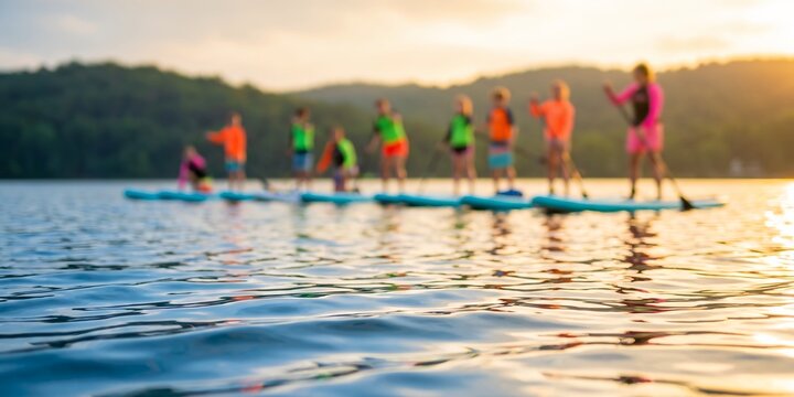 Group of people paddleboarding on a lake featuring outdoor summer recreation, stand up paddleboard activities and scenic sunset landscape, representing active lifestyle and nature wellness