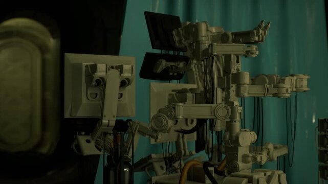 Wide medevac cabin with stacks and hanging rigs, teal curtains and cushioned supports, ambient industrial lighting, scene suggests emergency transport