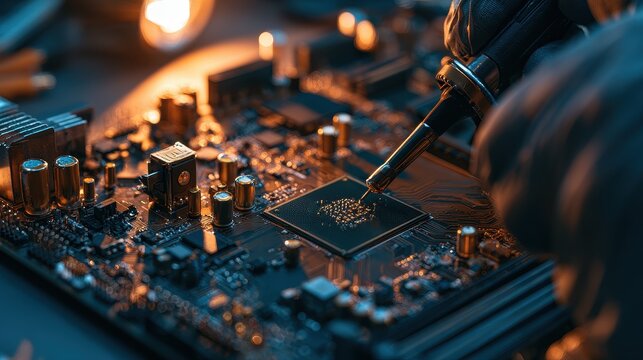 Motherboard diagnostics hardware maintenance troubleshooting reliability focus on repair workshop realistic Manipulation electronic service station.
