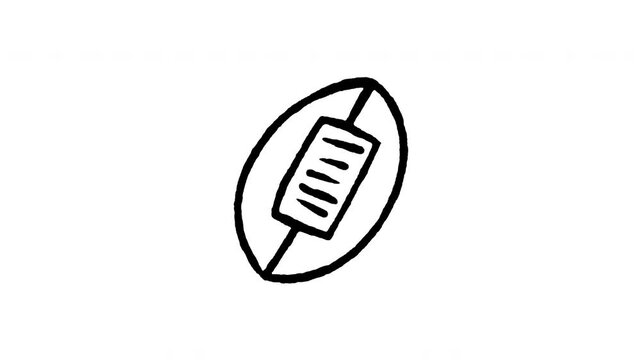 4K hand drawn rugby ball pop-up icon featuring boiling line animation. Frame by frame line art on black and green screen backgrounds for oval ball game, tackle sports match, league pass.