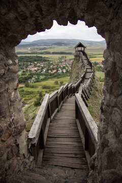 Wooden walkway leading to the lookout at Boldogkő Castle, Hungary