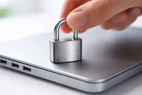 A hand holds a small silver padlock on a closed laptop, symbolizing digital security and data protection.
